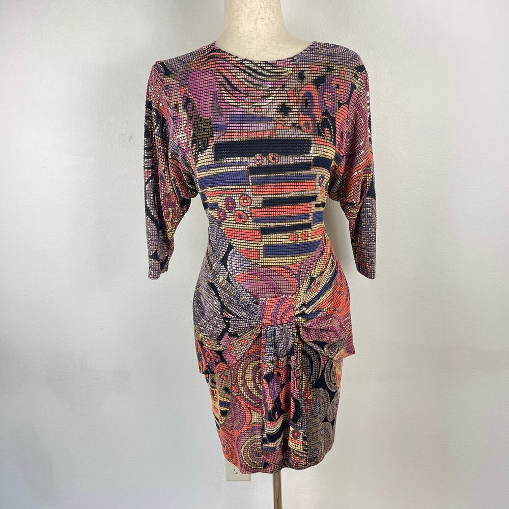 Vintage Cache Mosaic Metallic Geometric Cocktail Party Mini Dress Women's Small - Picture 1 of 15
